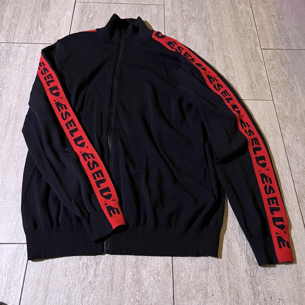 Diesel Jacket Mens Medium Black Knit Full Zip Logo Tape Track Bomber Sweater